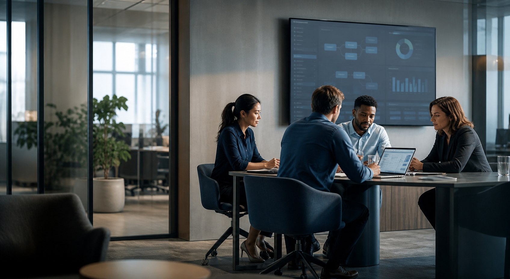 Business professionals collaborating in a contemporary operations workspace